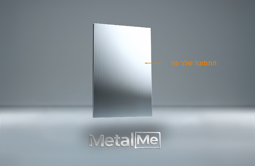 הדפסה על מתכת עם מסגרת אחורית metalme ללא מתלים כלל ועליה וי ירוק גדול, בהדפסה 2 ילדים אוכלים תותים